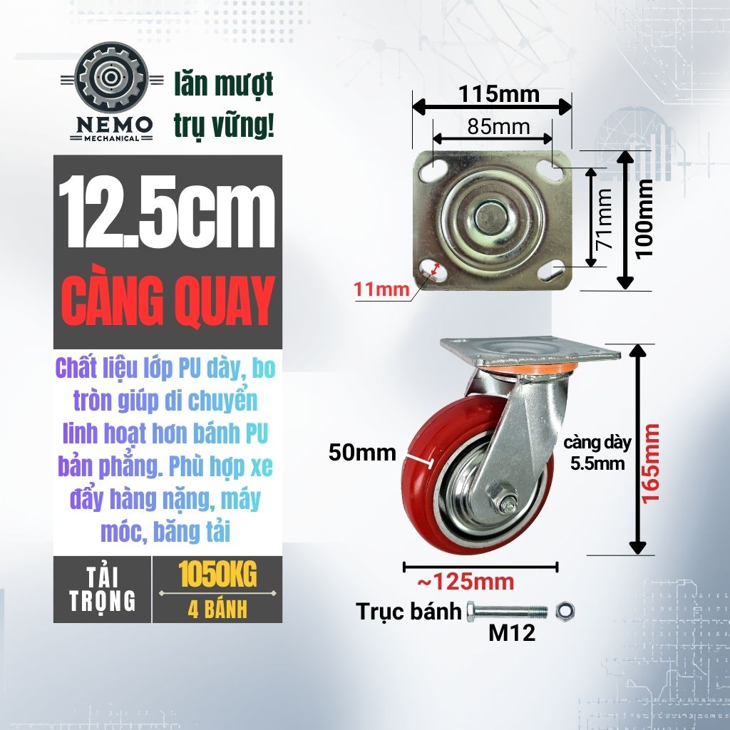 Bánh Xe PU Bo Tròn Tải Nặng – Kiểu Hàn Quốc, Xoay Hướng Linh Hoạt (D100 - D200)